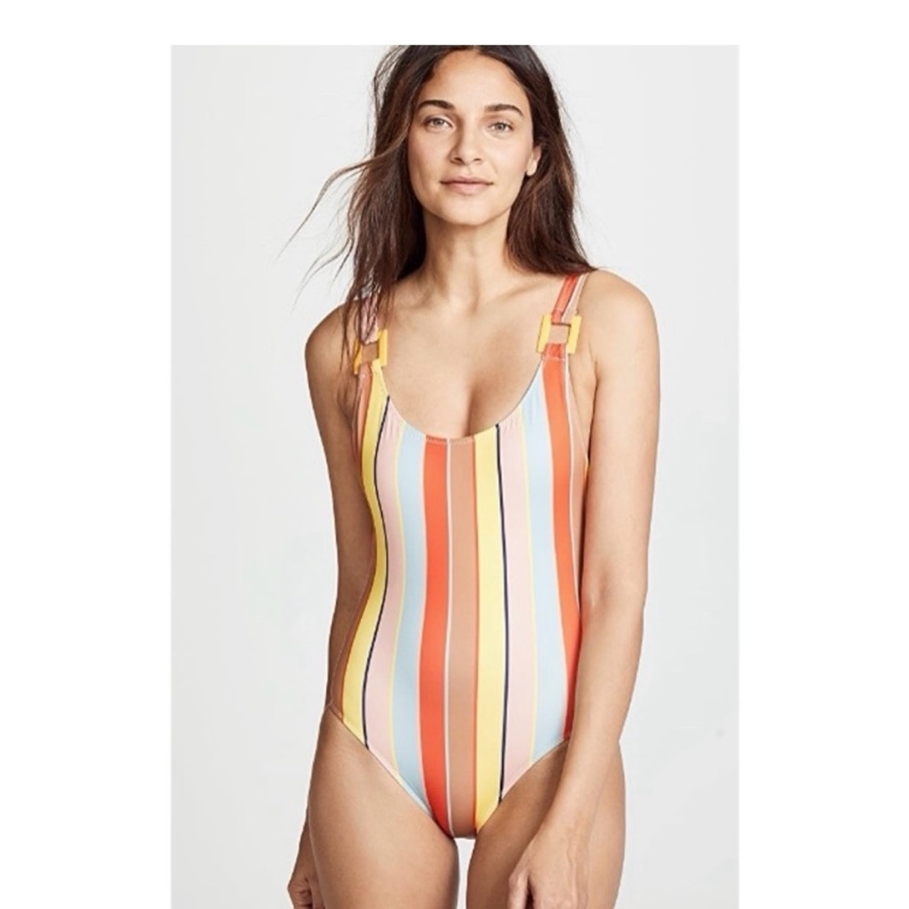 SOLID & STRIPED Coral, Yellow & Blue Striped One-Piece Swimsuit